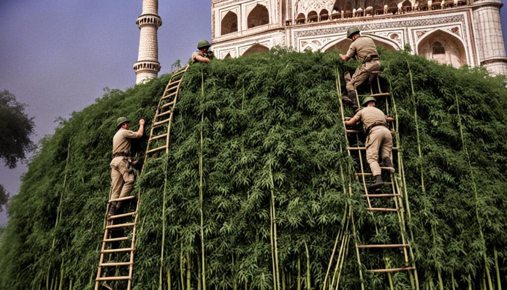 British army protects Taj Mahal with bamboo scaffolding camouflage