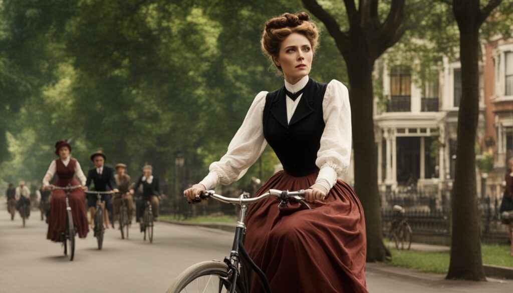 Victorian era woman riding a bicycle