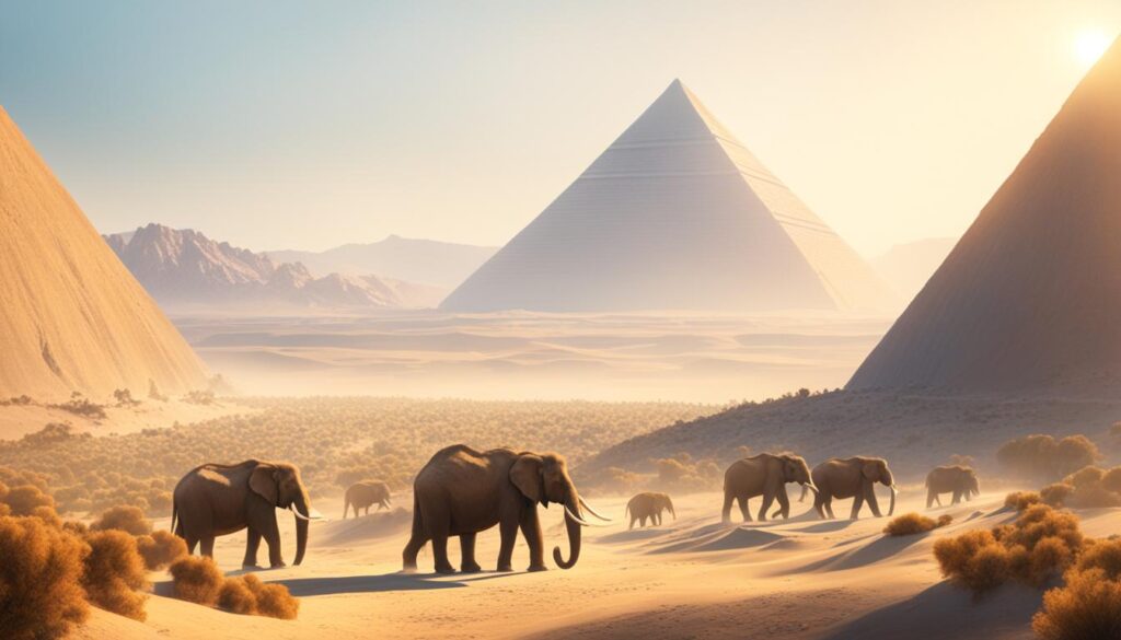 Woolly mammoths coexisting with ancient pyramids